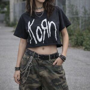 Korn Black Cropped Graphic T-Shirt L Nu Metal Grunge Indie Sleaze Festival Band